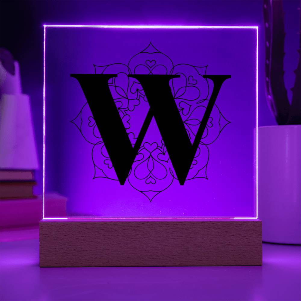 Magnolia Mandala Alphabet Letter W - Square Acrylic Plaque With LED Base