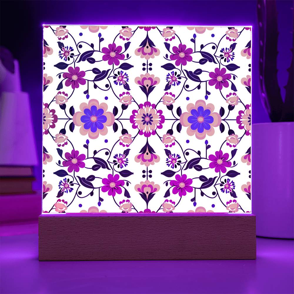 Mexican Floral Fiesta Pattern 018 - Square Acrylic Plaque With LED Base