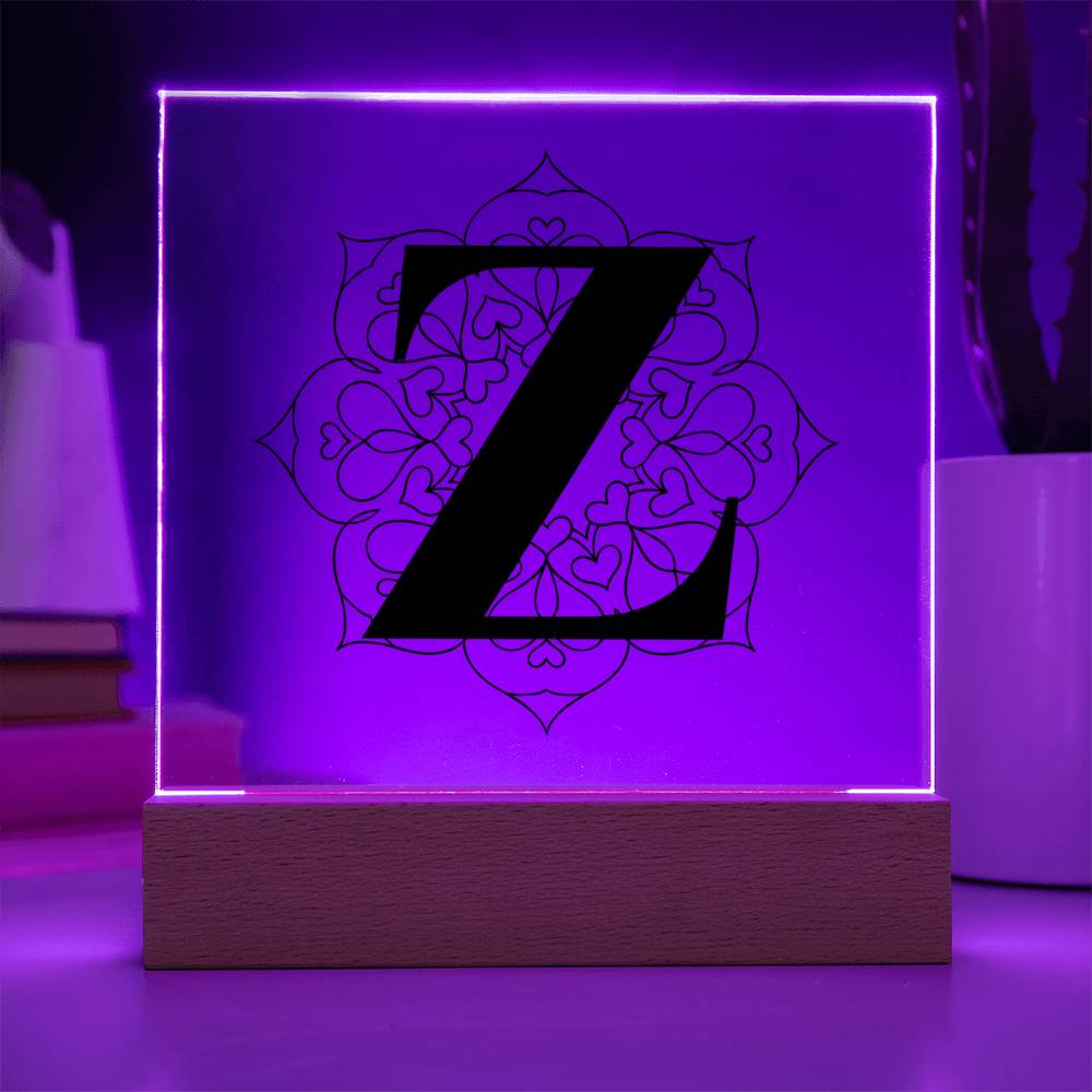 Magnolia Mandala Alphabet Letter Z - Square Acrylic Plaque With LED Base