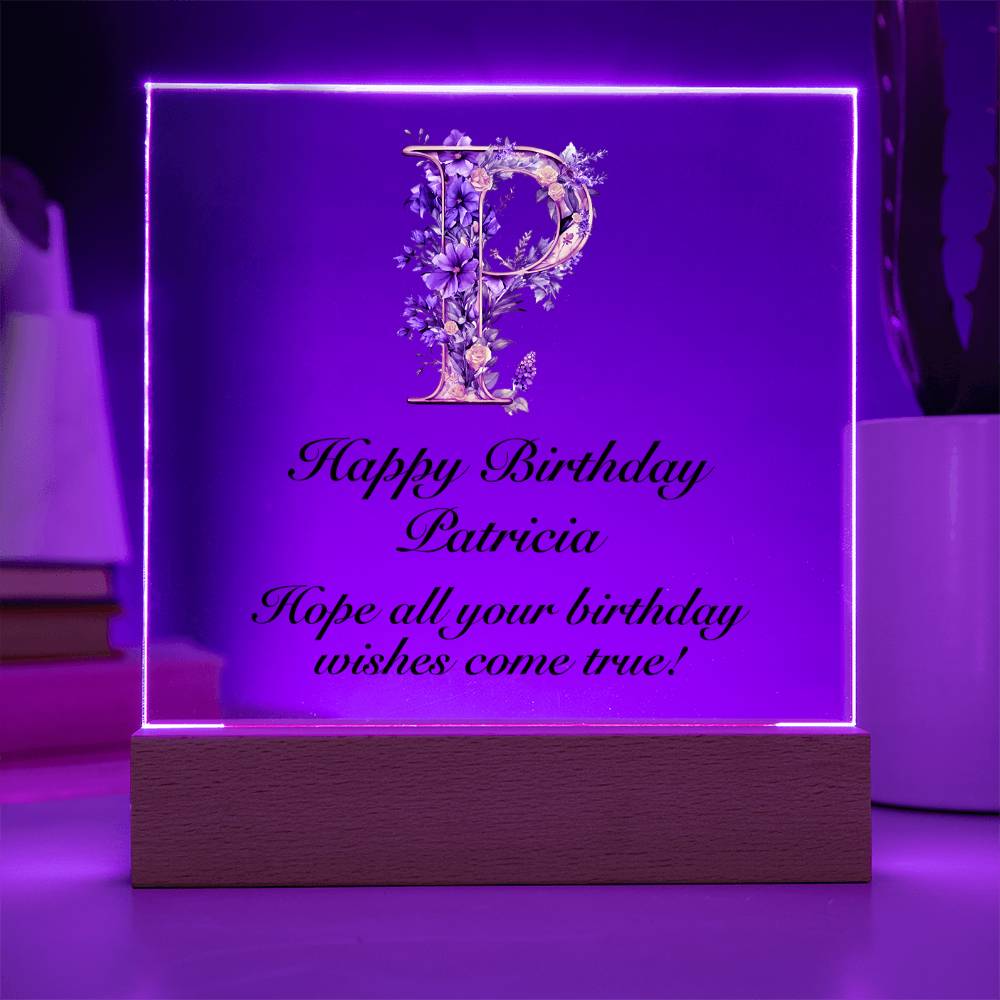 Happy Birthday Patricia (Lavender Flowers) - Square Acrylic Plaque With LED Base