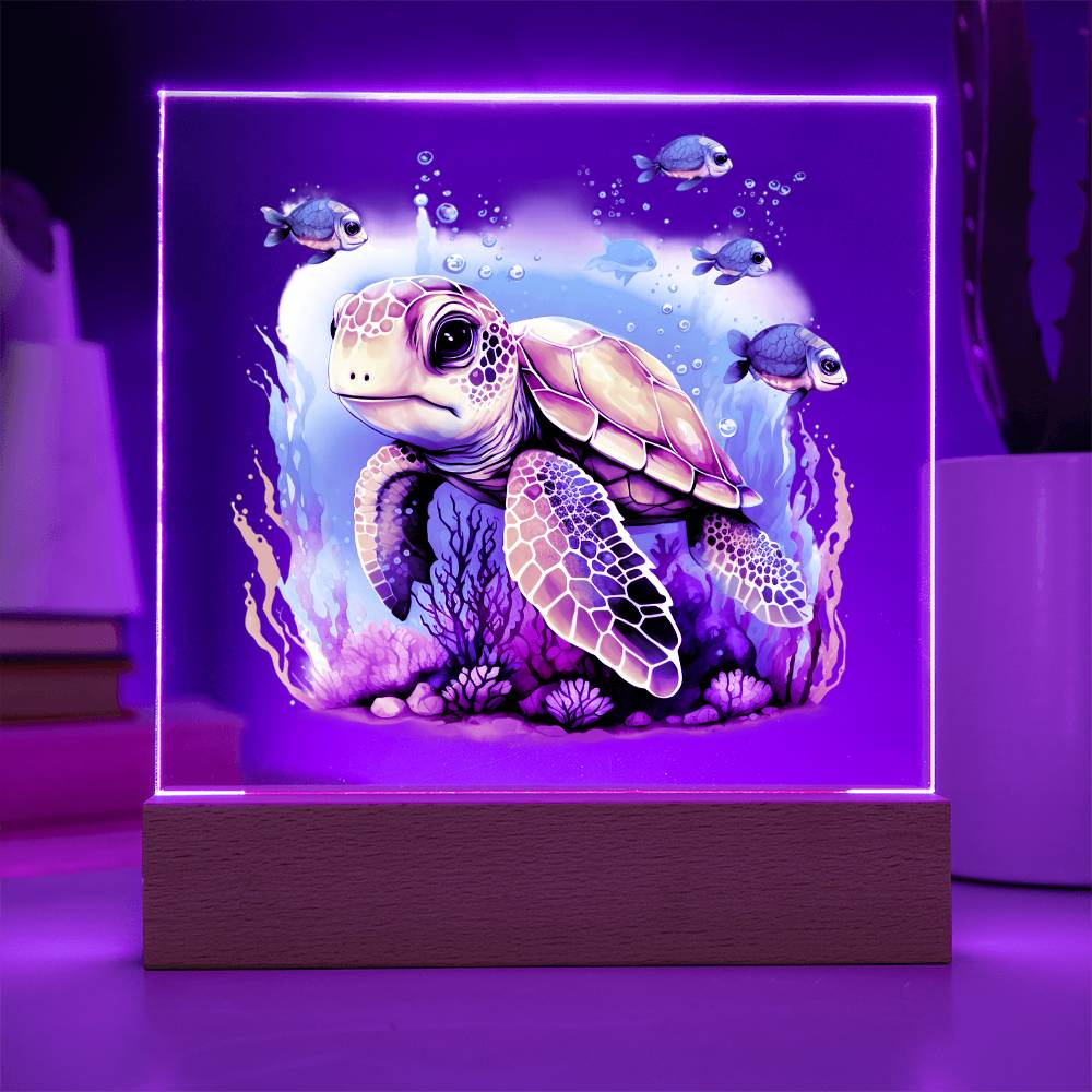 Cute Sea Turtle 002 - Square Acrylic Plaque With LED Base
