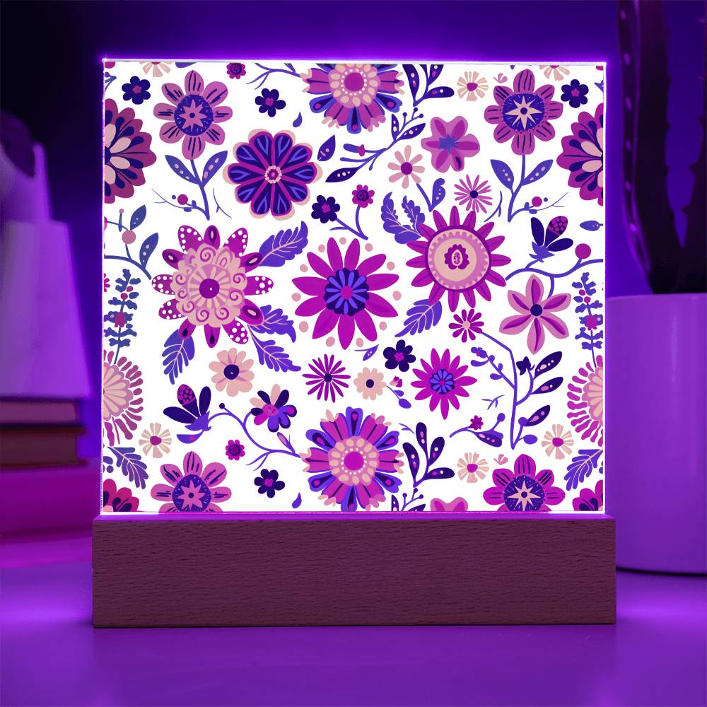 Mexican Floral Fiesta Pattern 026 - Square Acrylic Plaque With LED Base