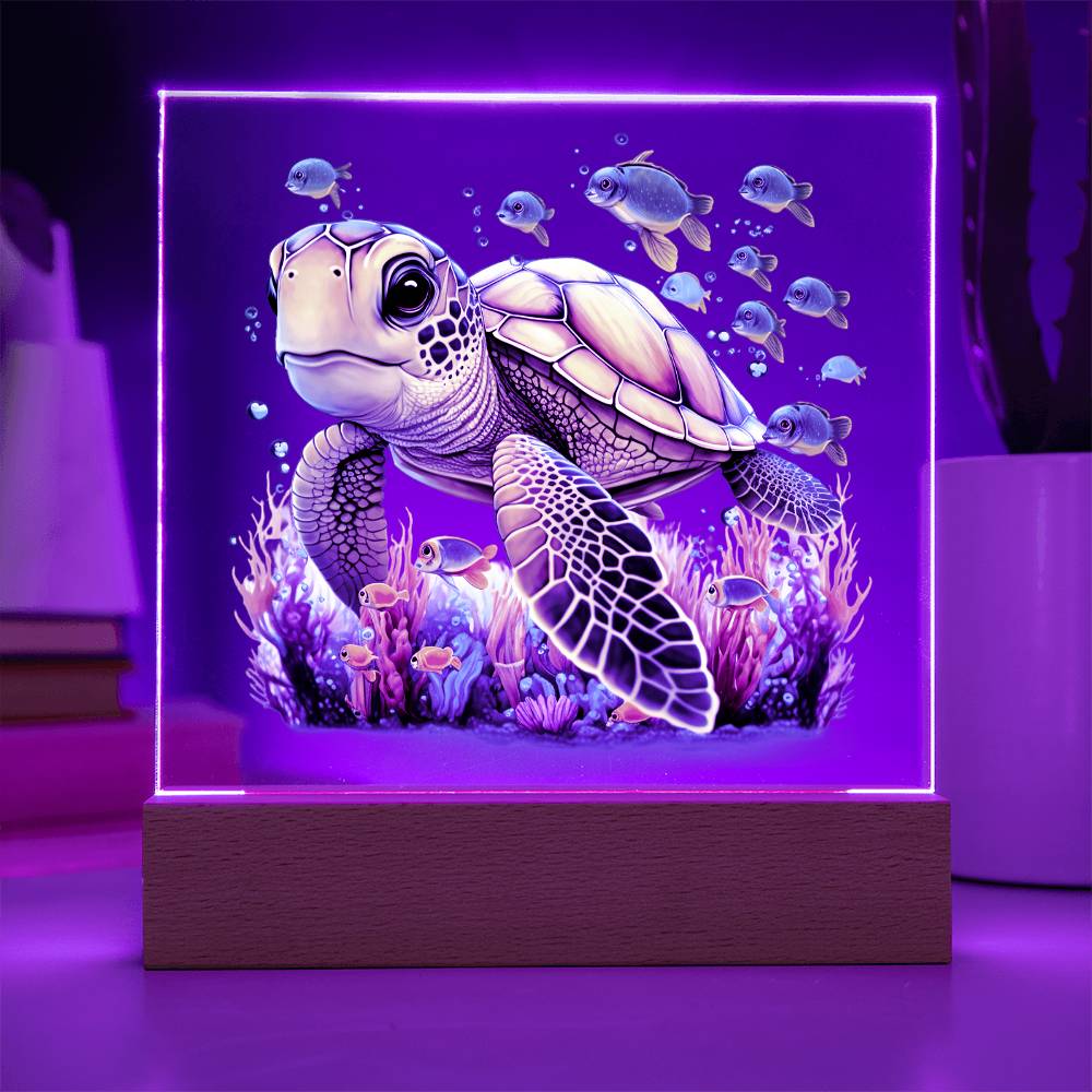 Cute Sea Turtle 003 - Square Acrylic Plaque With LED Base