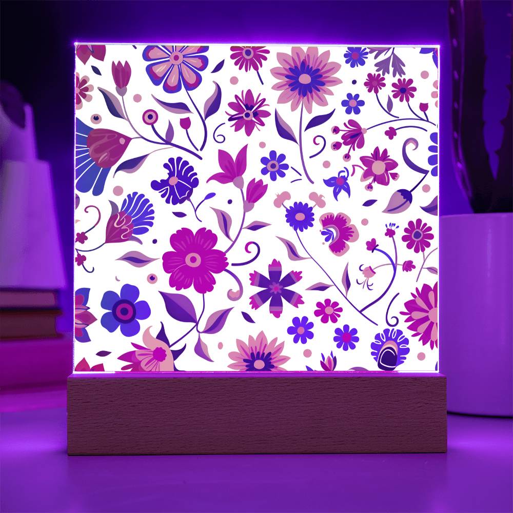 Mexican Floral Fiesta Pattern 014 - Square Acrylic Plaque With LED Base