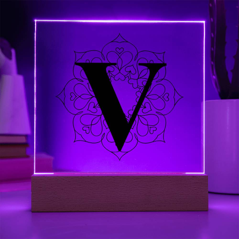 Magnolia Mandala Alphabet Letter V - Square Acrylic Plaque With LED Base