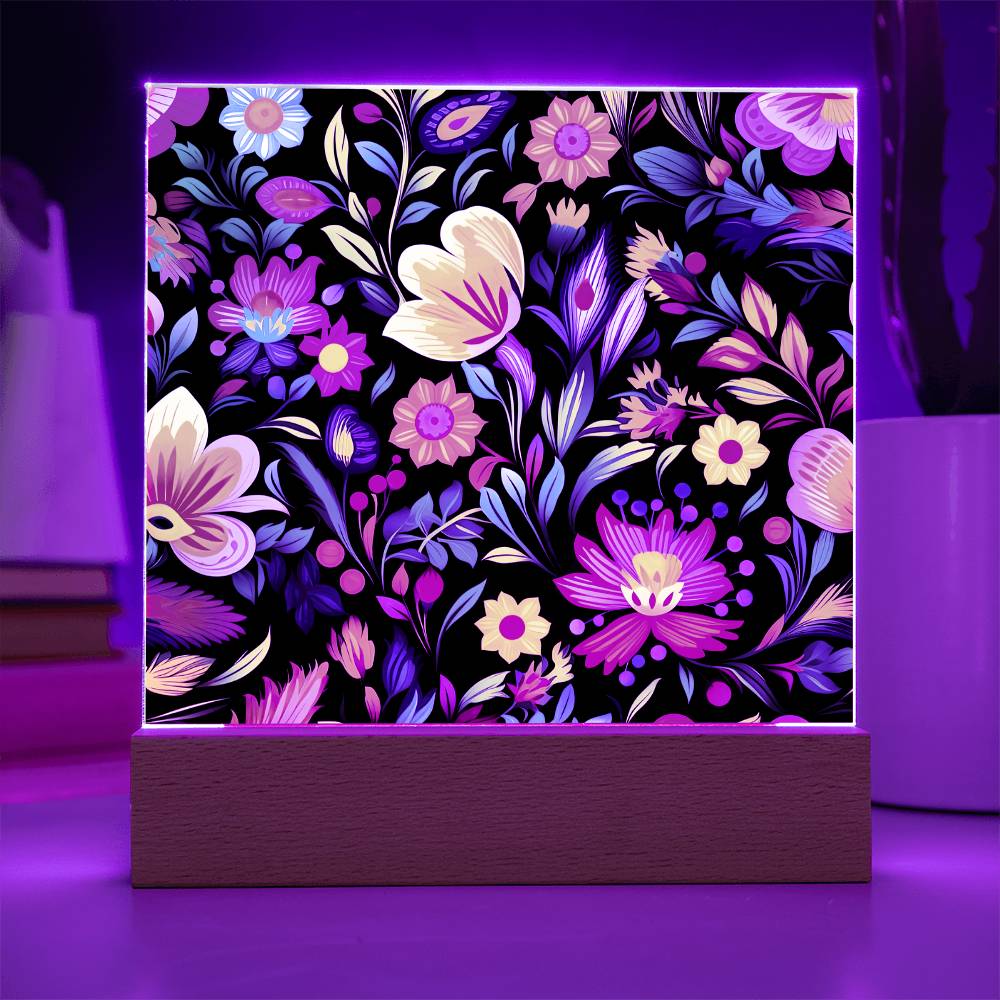 Mexican Floral Fiesta Pattern 031 - Square Acrylic Plaque With LED Base