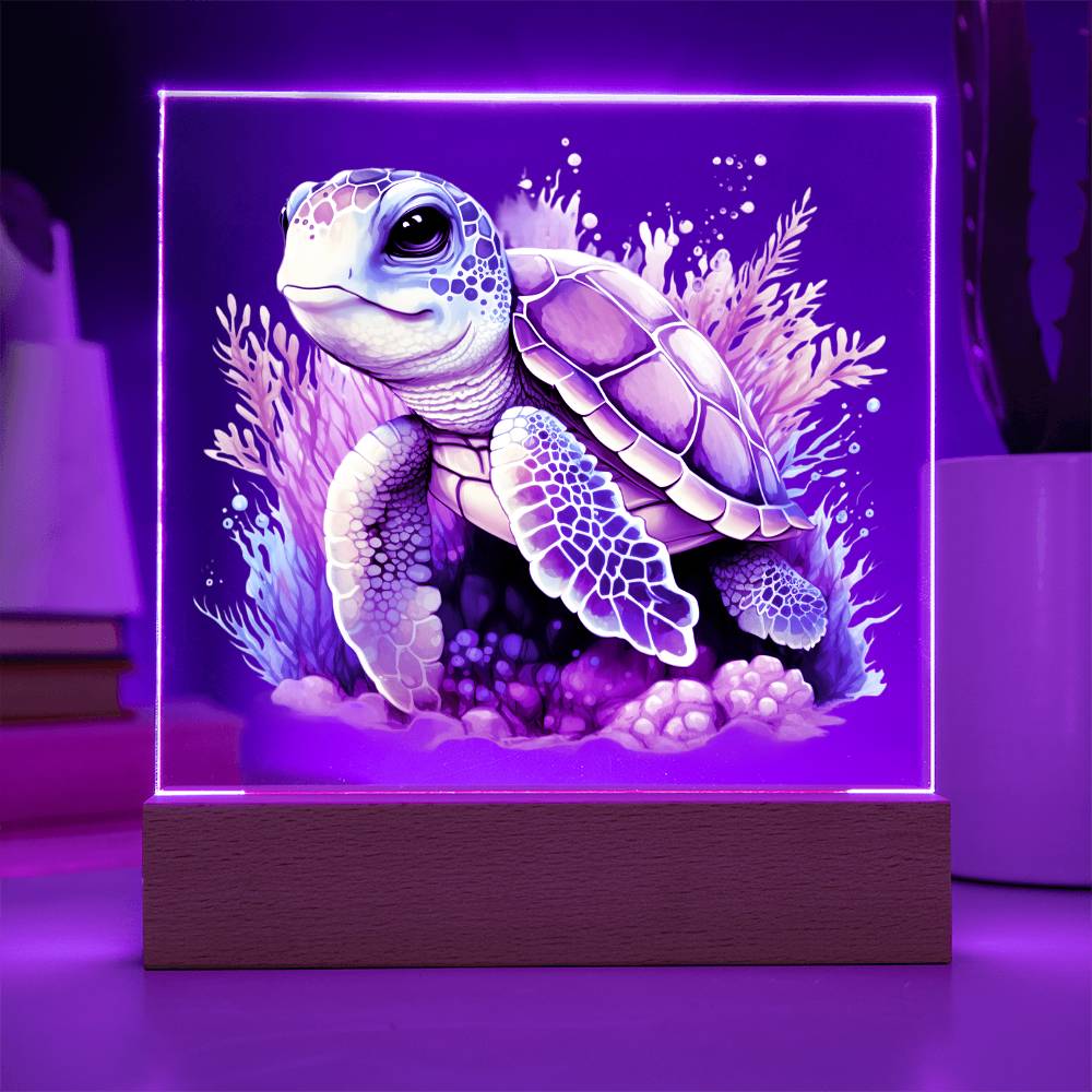 Cute Sea Turtle 012 - Square Acrylic Plaque With LED Base