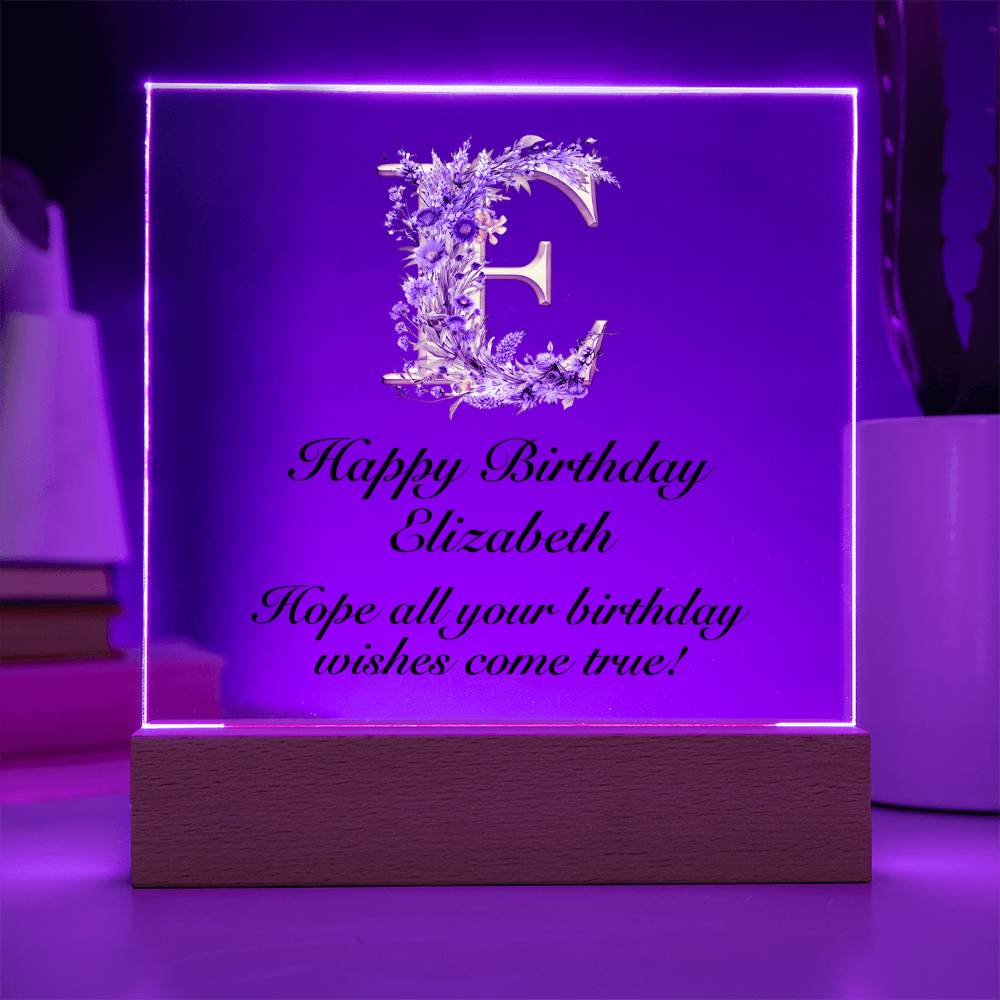 Happy Birthday Elizabeth (Lavender Flowers) - Square Acrylic Plaque With LED Base