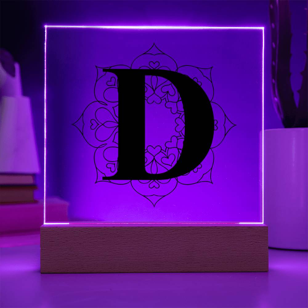 Magnolia Mandala Alphabet Letter D - Square Acrylic Plaque With LED Base