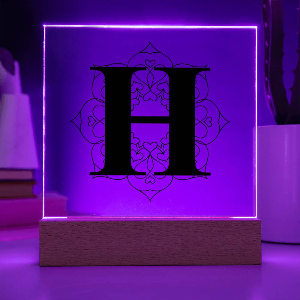 Magnolia Mandala Alphabet Letter H - Square Acrylic Plaque With LED Base