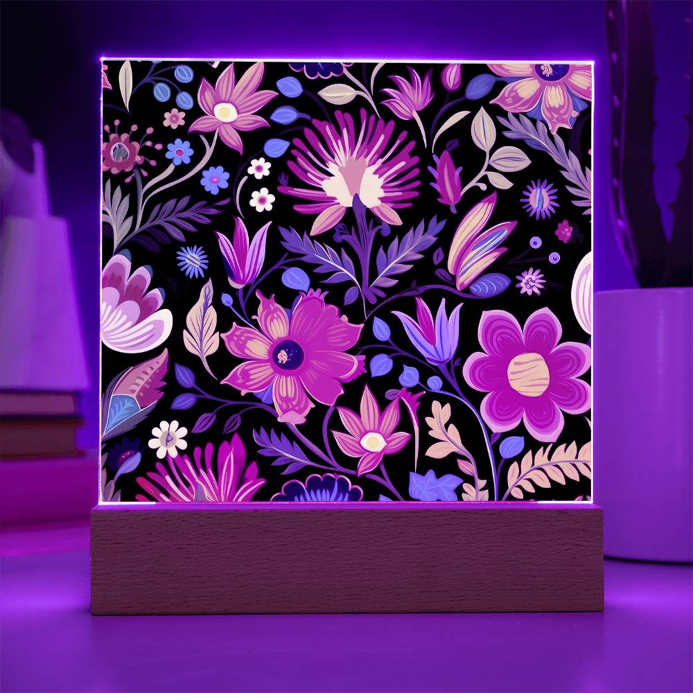 Mexican Floral Fiesta Pattern 039 - Square Acrylic Plaque With LED Base
