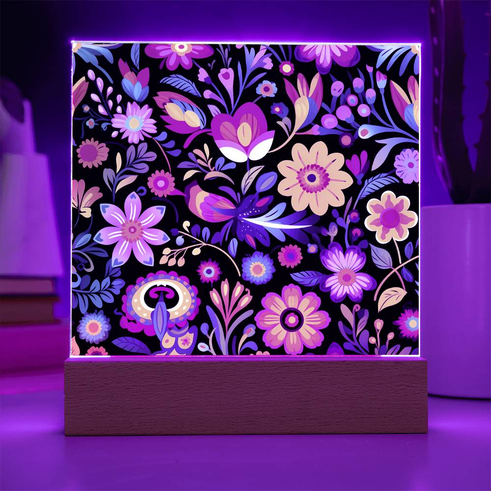 Mexican Floral Fiesta Pattern 055 - Square Acrylic Plaque With LED Base