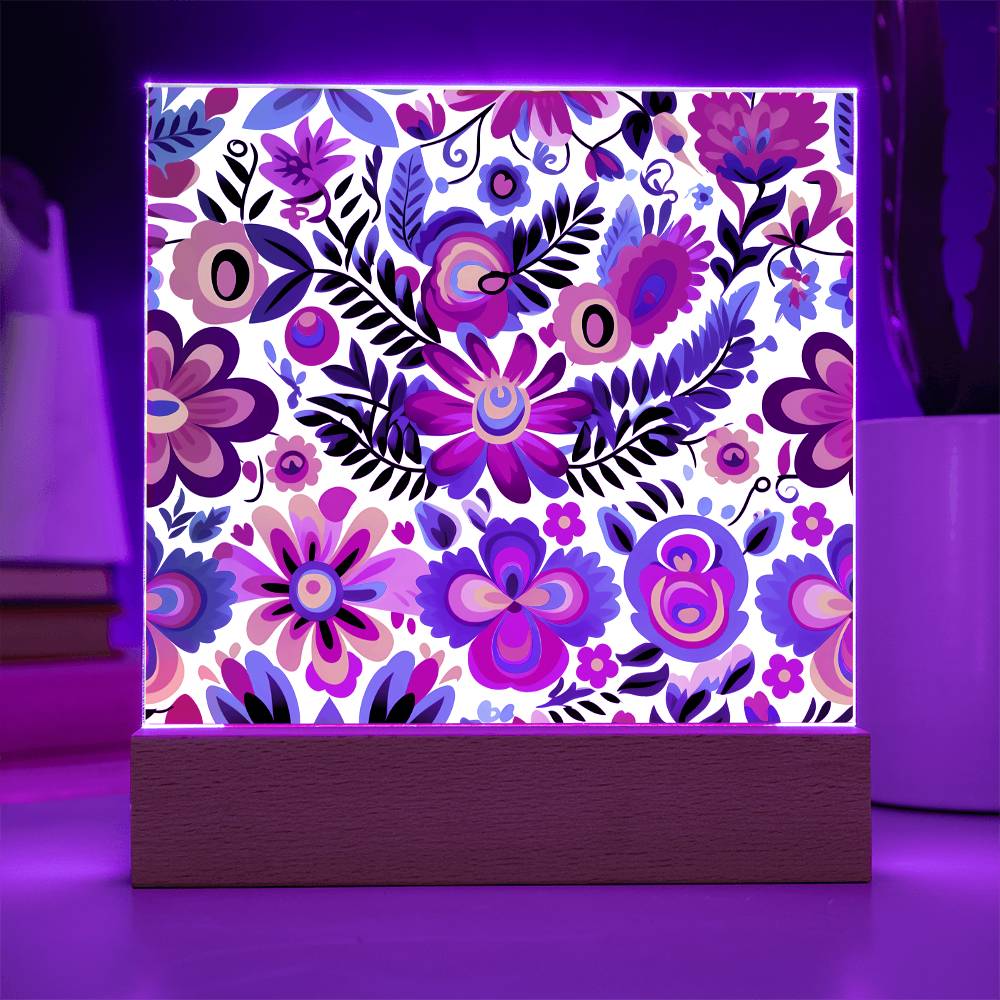 Mexican Floral Fiesta Pattern 051 - Square Acrylic Plaque With LED Base