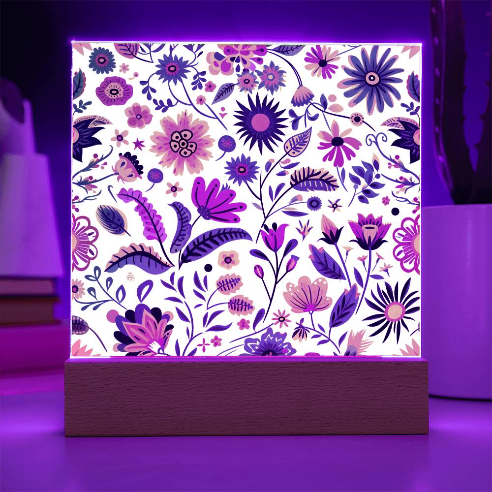 Mexican Floral Fiesta Pattern 015 - Square Acrylic Plaque With LED Base