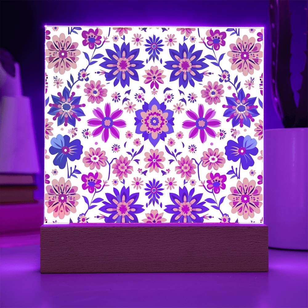 Mexican Floral Fiesta Pattern 025 - Square Acrylic Plaque With LED Base