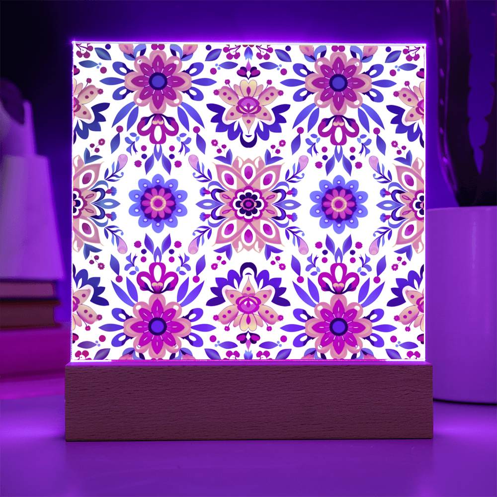 Mexican Floral Fiesta Pattern 070 - Square Acrylic Plaque With LED Base