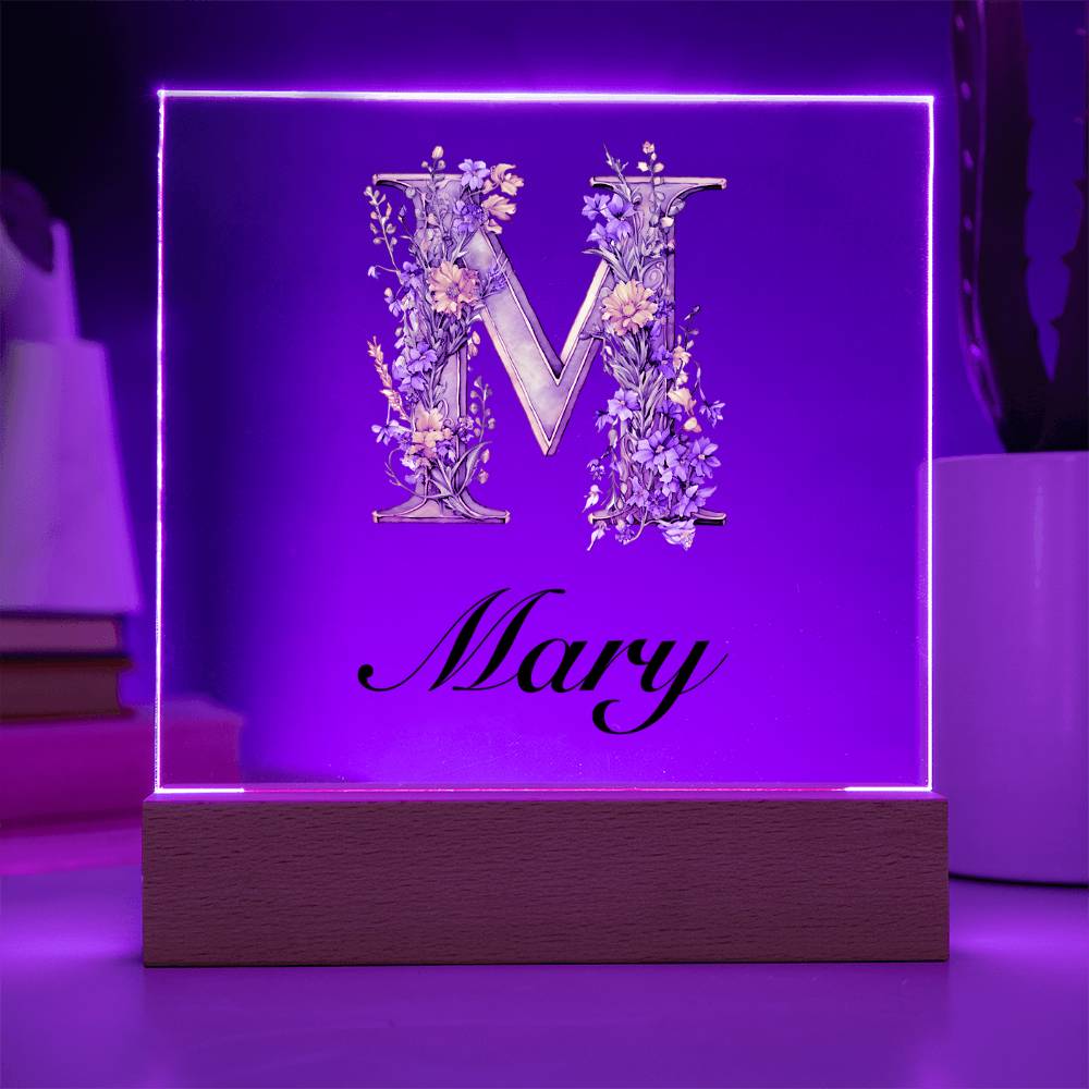 Mary (Lavender Flowers) - Square Acrylic Plaque With LED Base