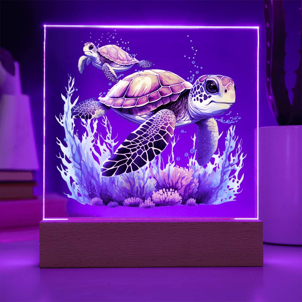 Cute Sea Turtle 009 - Square Acrylic Plaque With LED Base