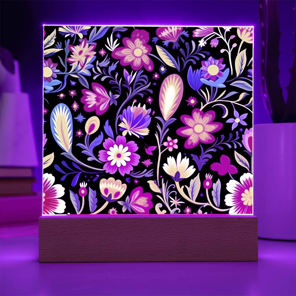 Mexican Floral Fiesta Pattern 038 - Square Acrylic Plaque With LED Base