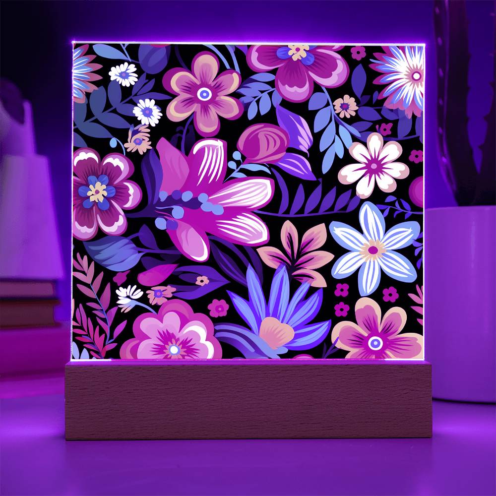 Mexican Floral Fiesta Pattern 054 - Square Acrylic Plaque With LED Base
