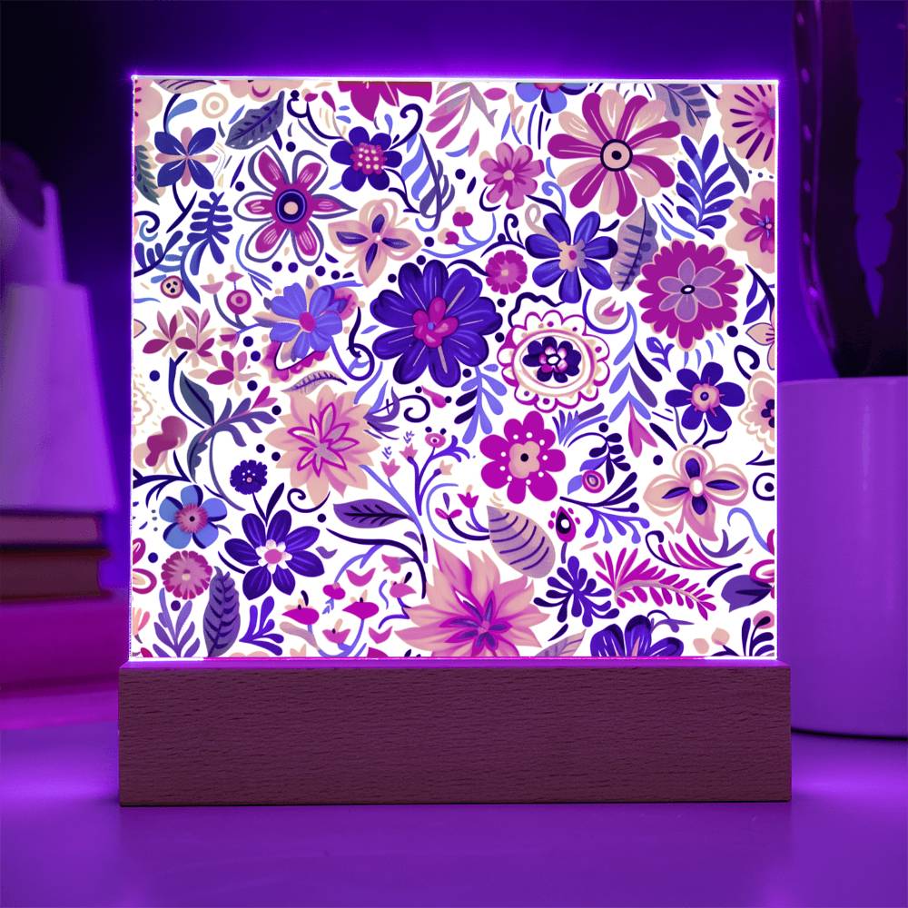 Mexican Floral Fiesta Pattern 072 - Square Acrylic Plaque With LED Base