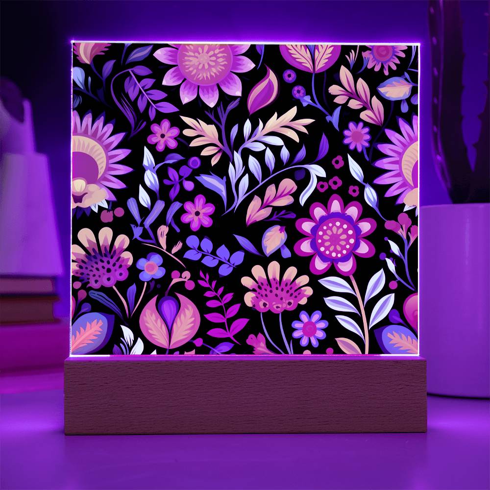 Mexican Floral Fiesta Pattern 058 - Square Acrylic Plaque With LED Base