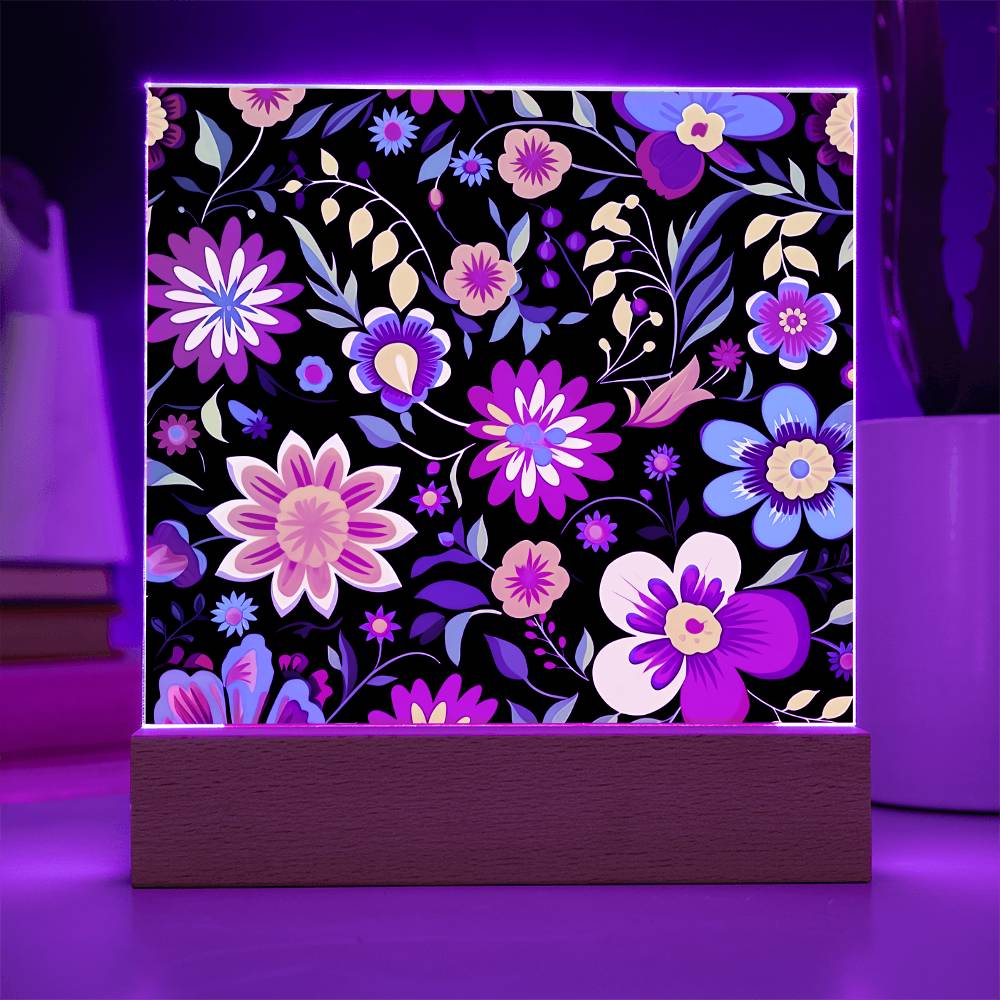 Mexican Floral Fiesta Pattern 034 - Square Acrylic Plaque With LED Base
