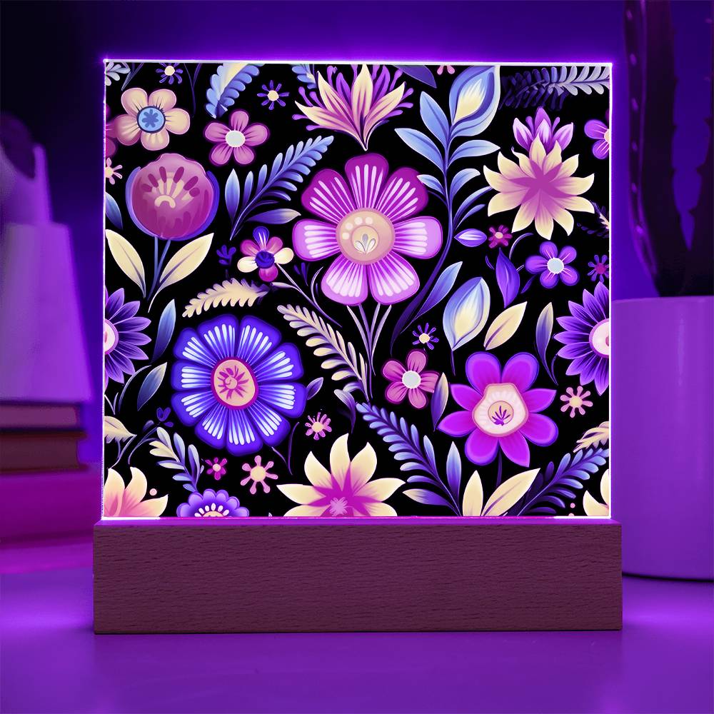 Mexican Floral Fiesta Pattern 029 - Square Acrylic Plaque With LED Base