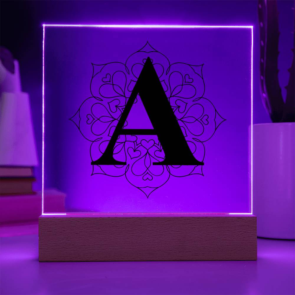Magnolia Mandala Alphabet Letter A - Square Acrylic Plaque With LED Base