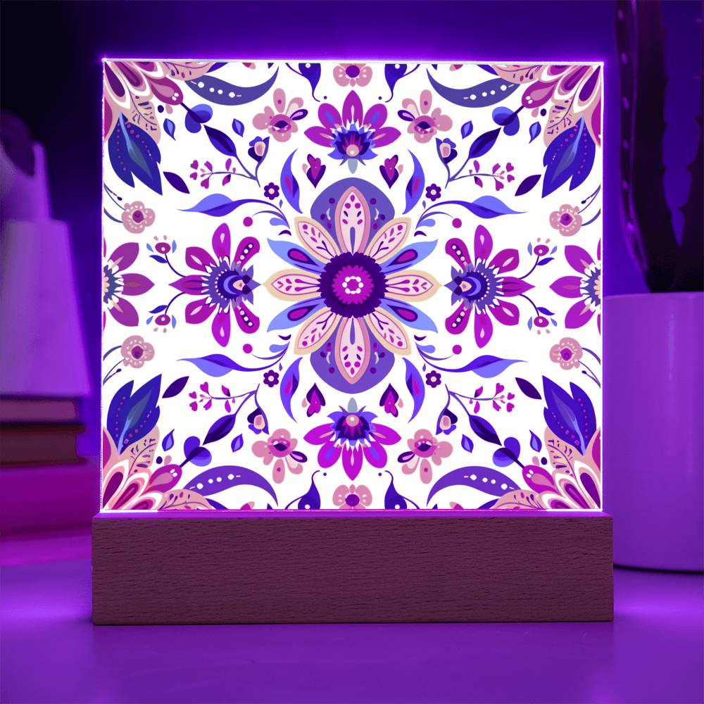 Mexican Floral Fiesta Pattern 069 - Square Acrylic Plaque With LED Base