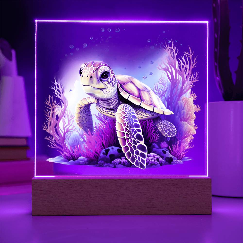 Cute Sea Turtle 006 - Square Acrylic Plaque With LED Base