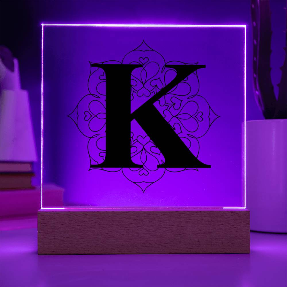 Magnolia Mandala Alphabet Letter K - Square Acrylic Plaque With LED Base