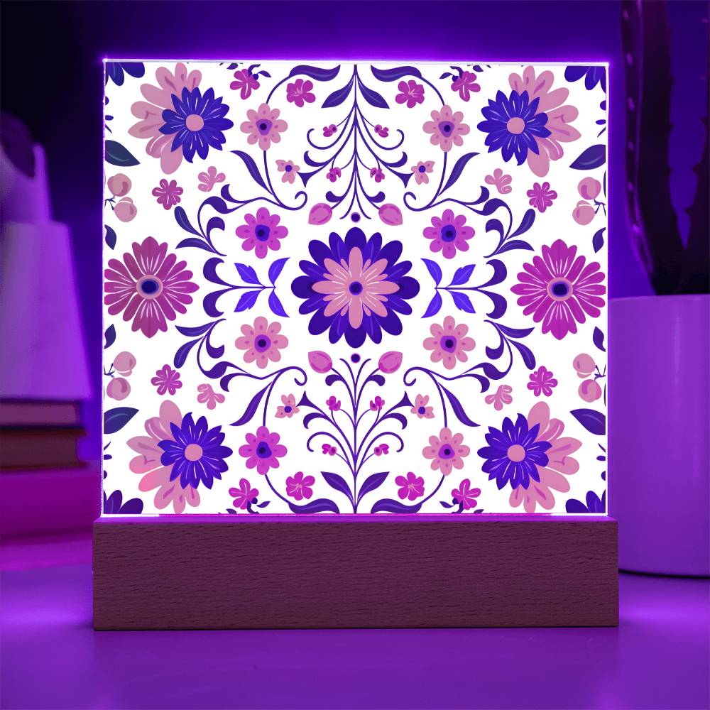 Mexican Floral Fiesta Pattern 016 - Square Acrylic Plaque With LED Base