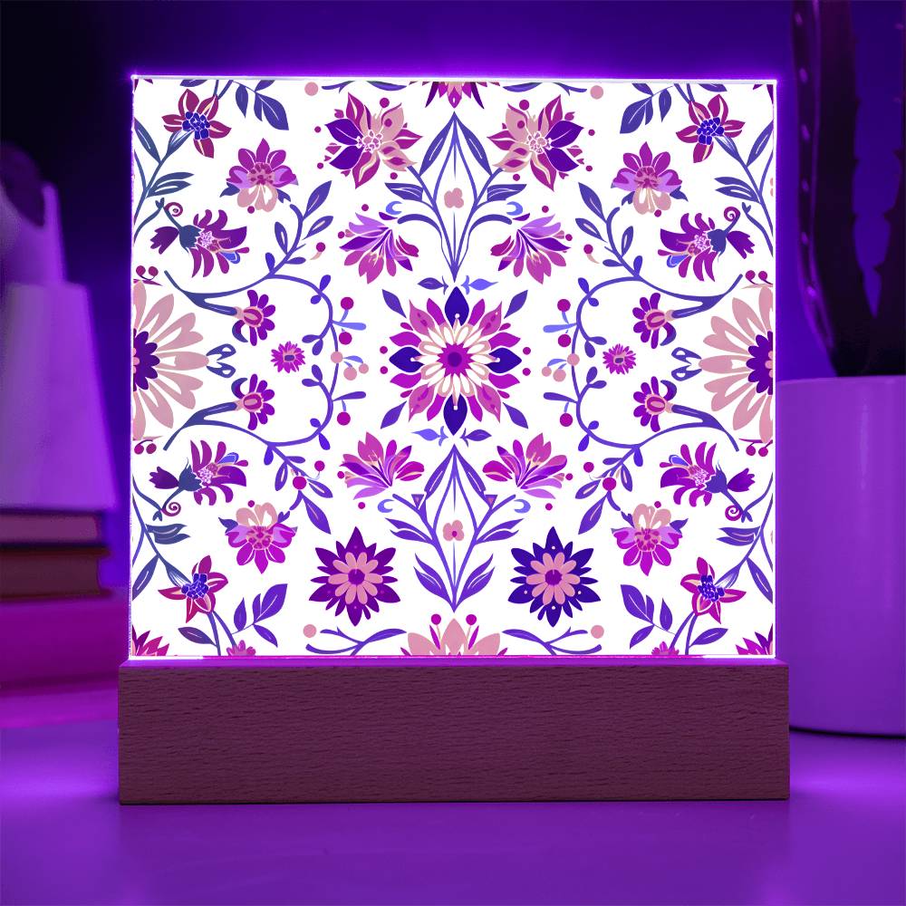 Mexican Floral Fiesta Pattern 027 - Square Acrylic Plaque With LED Base