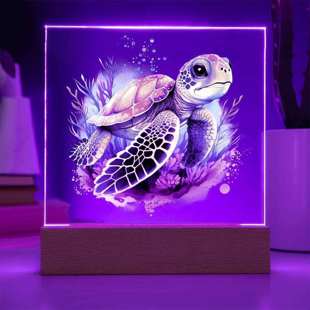 Cute Sea Turtle 007 - Square Acrylic Plaque With LED Base