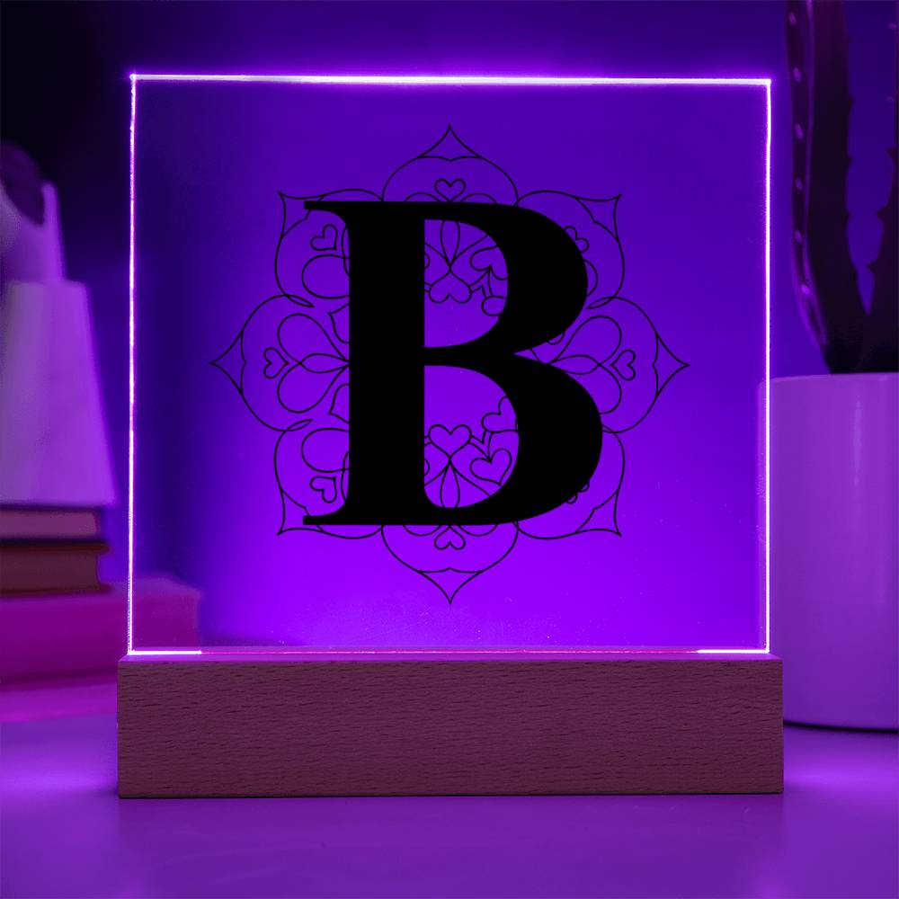 Magnolia Mandala Alphabet Letter B - Square Acrylic Plaque With LED Base