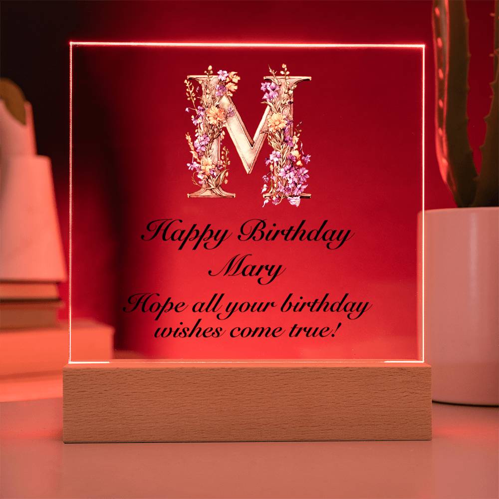 Happy Birthday Mary (Lavender Flowers) - Square Acrylic Plaque With LED Base