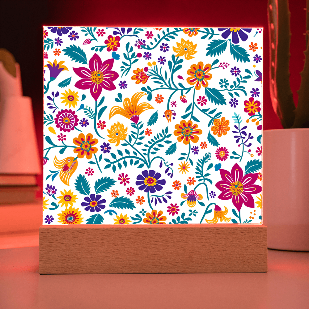 Mexican Floral Fiesta Pattern 013 - Square Acrylic Plaque With LED Base