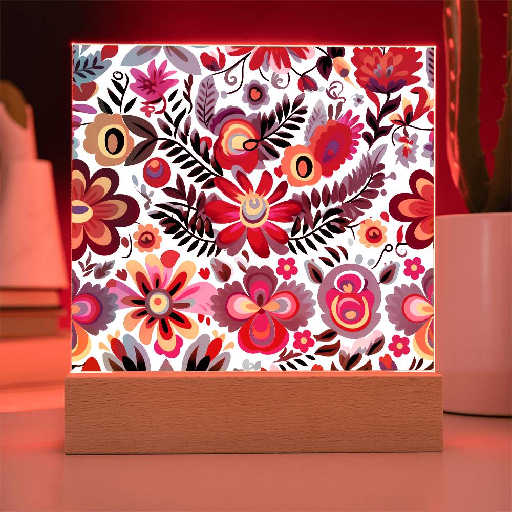 Mexican Floral Fiesta Pattern 051 - Square Acrylic Plaque With LED Base