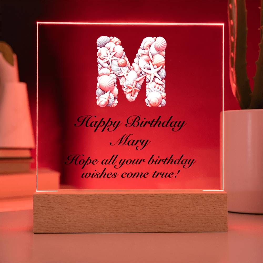Happy Birthday Mary (Sea Life) - Square Acrylic Plaque With LED Base