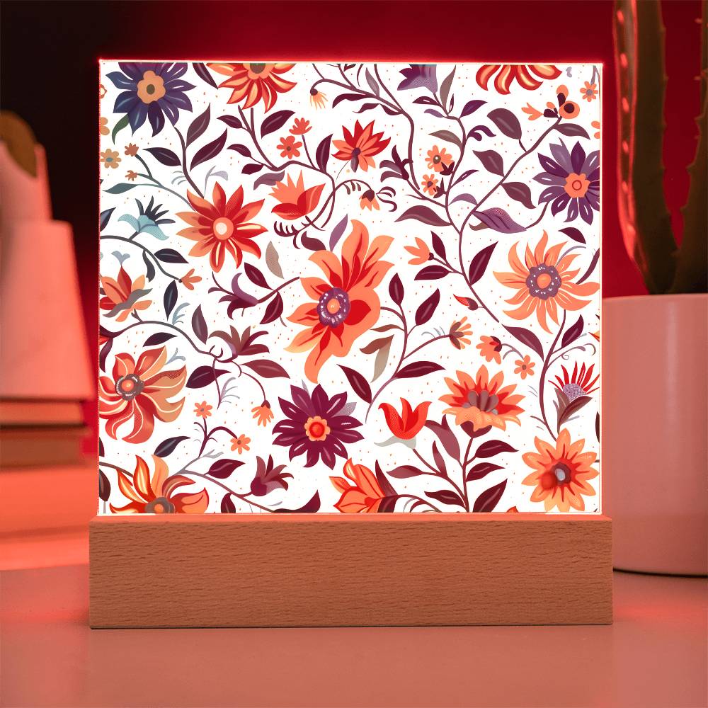 Mexican Floral Fiesta Pattern 012 - Square Acrylic Plaque With LED Base