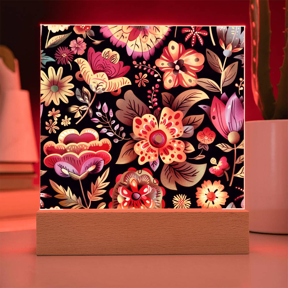 Mexican Floral Fiesta Pattern 068 - Square Acrylic Plaque With LED Base