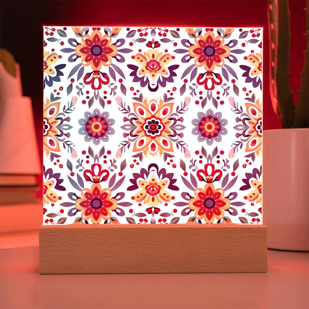 Mexican Floral Fiesta Pattern 070 - Square Acrylic Plaque With LED Base