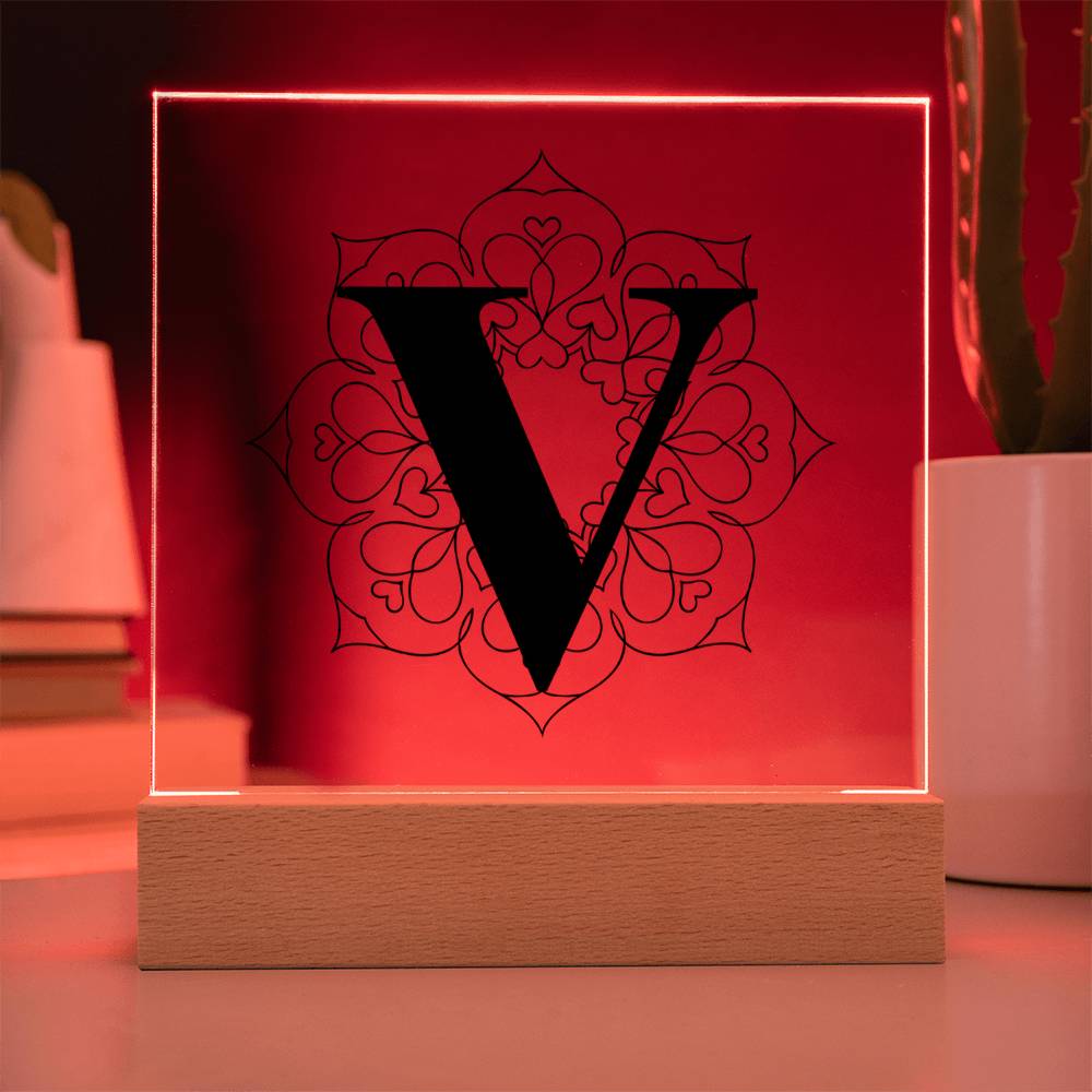 Magnolia Mandala Alphabet Letter V - Square Acrylic Plaque With LED Base
