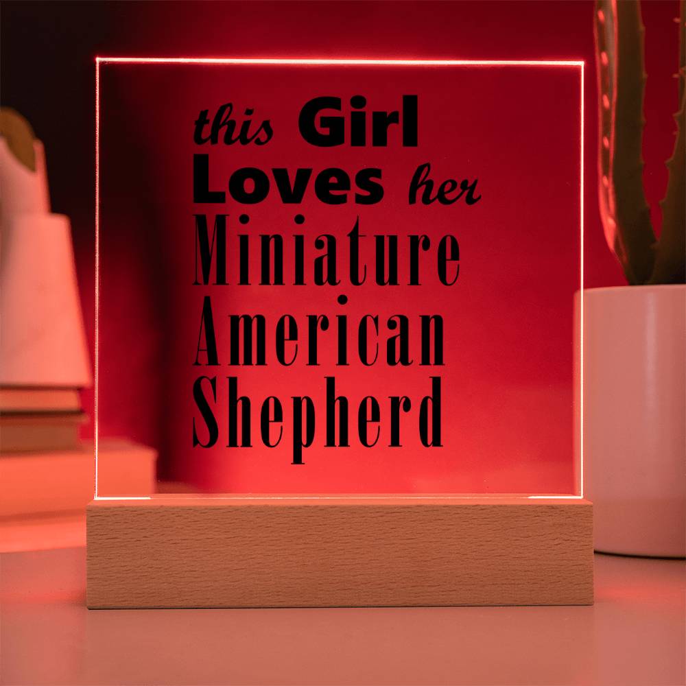 Miniature American Shepherd - Square Acrylic Plaque With LED Base