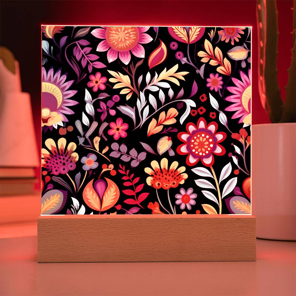 Mexican Floral Fiesta Pattern 058 - Square Acrylic Plaque With LED Base
