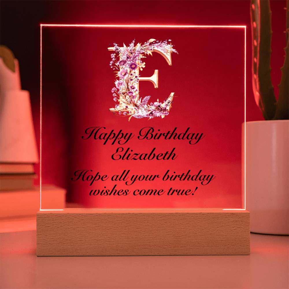 Happy Birthday Elizabeth (Lavender Flowers) - Square Acrylic Plaque With LED Base