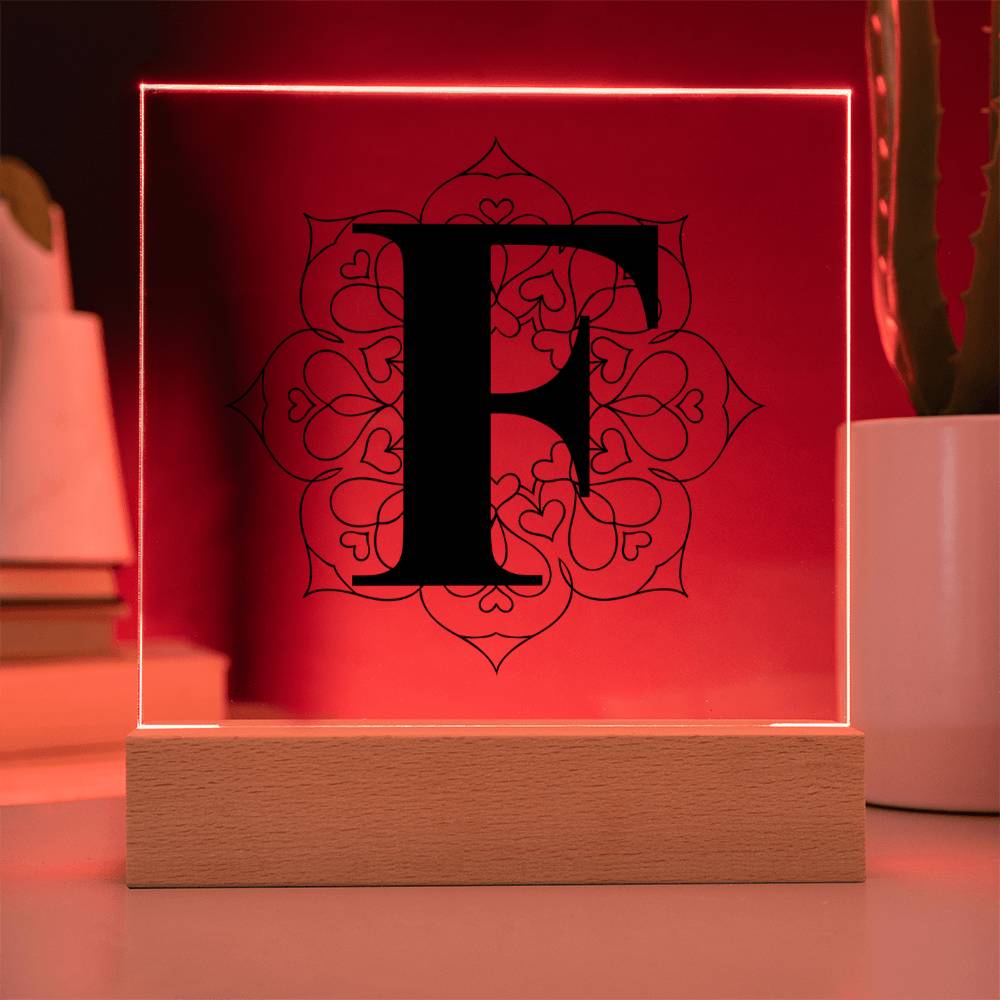 Magnolia Mandala Alphabet Letter F - Square Acrylic Plaque With LED Base