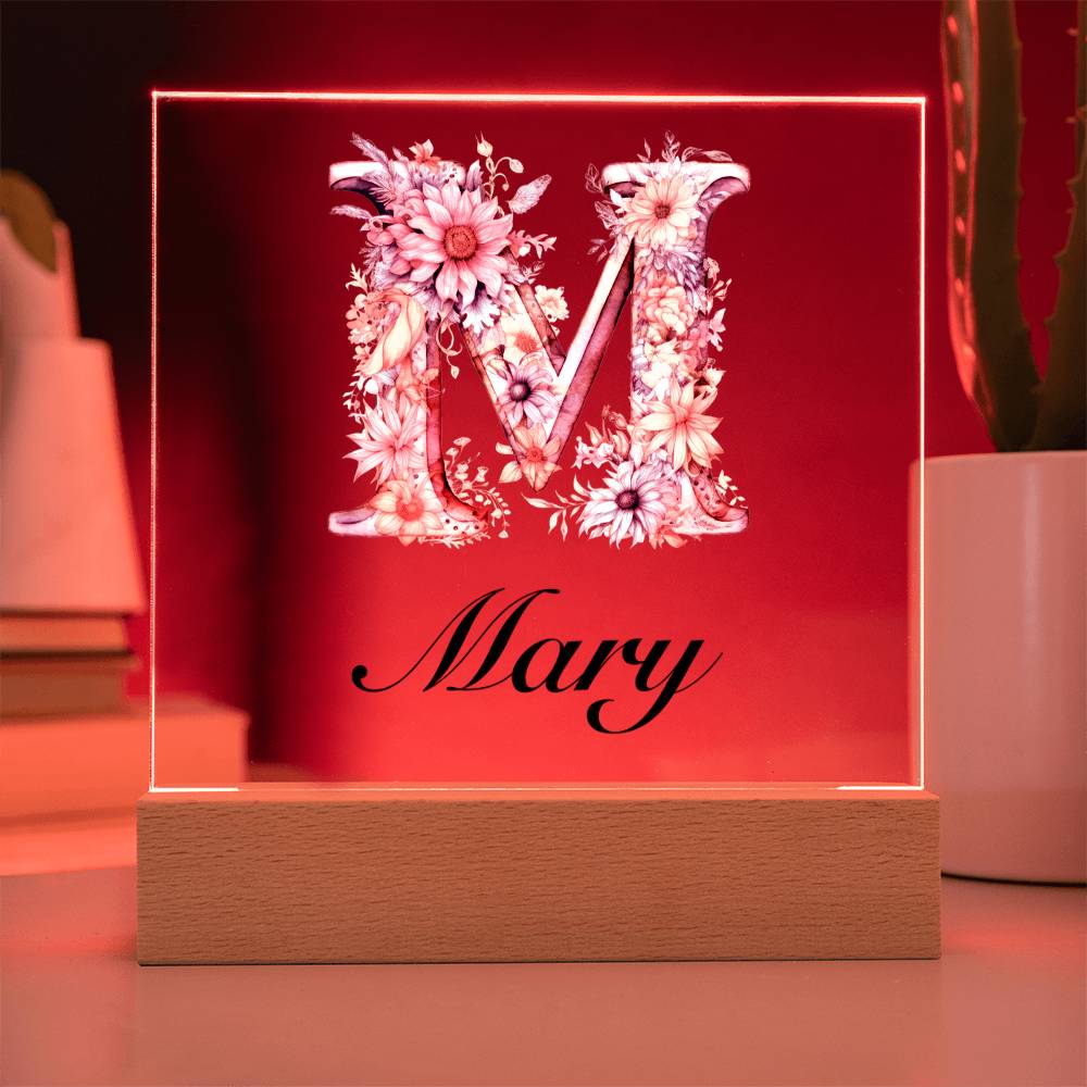 Mary (Blooming Flowers) - Square Acrylic Plaque With LED Base