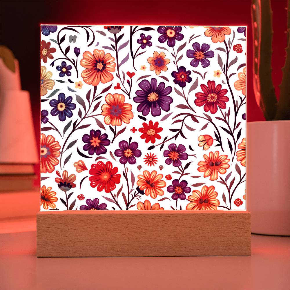 Mexican Floral Fiesta Pattern 001 - Square Acrylic Plaque With LED Base